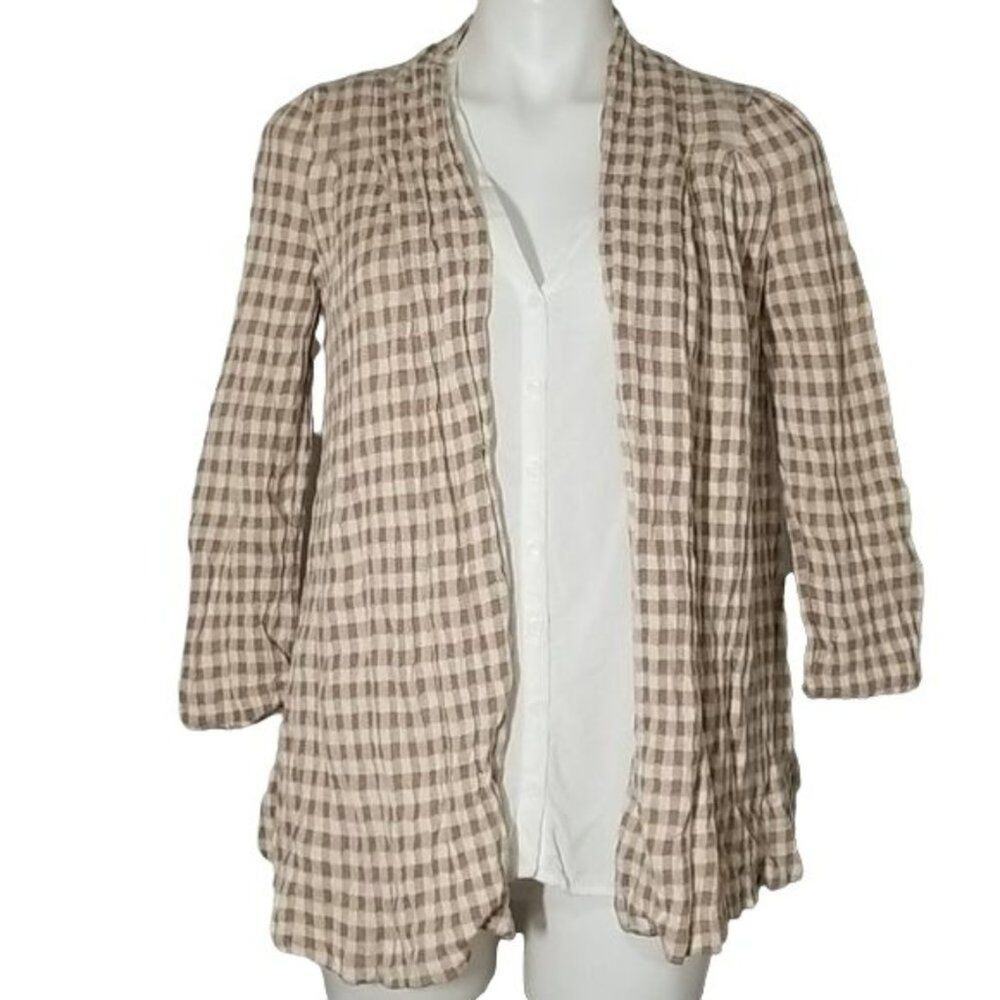 Knitted & Knotted Gingham Check Open Front Sweater Cardigan Small Tan Cream